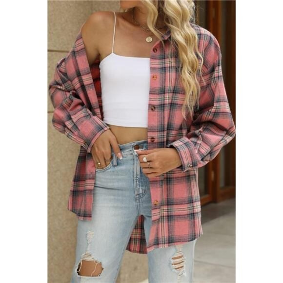 Womens Button Down Flannel Shirts Long Sleeve Plaid Shackets Business - Picture 4 of 7